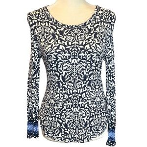 Lucky Brand Navy and White Patterned Waffle Thermal Long Sleeve Top Size L